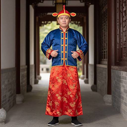 Photograph of a man in a traditional Chinese royal outfit, navy blue jacket with gold buttons, red floral skirt, and red hat, standing in a
