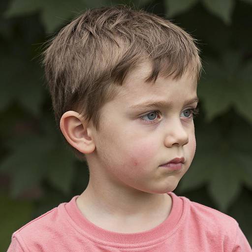 Close-up Portrait of Young Boy in Pink Shirt