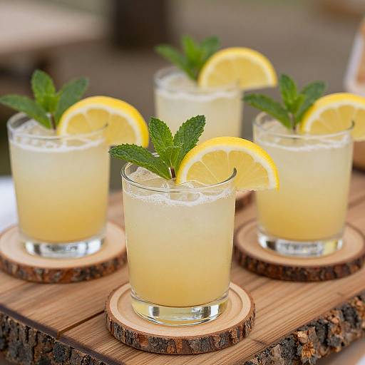 Photograph of three lemon-mint cocktails in clear glasses, each with a lemon slice and mint sprig, on wooden cork coasters.