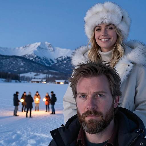 Mountain Scene with Serious Man and Smiling Woman