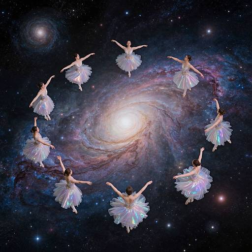 Photograph of eight ballerinas in white tutus floating around a bright, swirling galaxy, arms outstretched, against a starry cosmic background