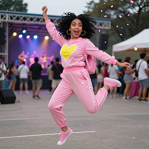 Energetic Woman Jumping at Festival