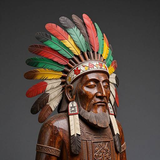 Photograph of a detailed wooden Native American statue with colorful feathers, closed eyes, and intricate headband against a dark gradient background.