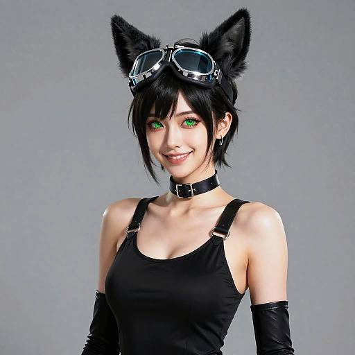 CGI anime-style woman with black cat ears, green eyes, black tank top, choker, black arm sleeves, goggles on head, smiling.
