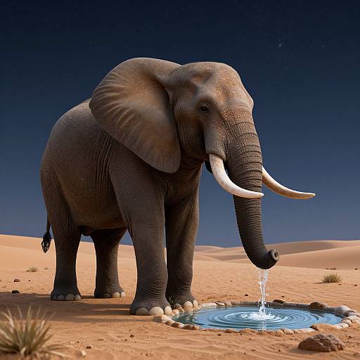 Photorealistic digital image of a large African elephant with long white tusks drinking from a small waterhole in a desert under a starry night sky