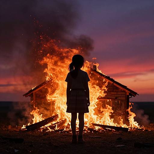 Silhouetted girl with ponytail stands before blazing wooden house fire at sunset, vivid orange flames contrasting with darkened sky.