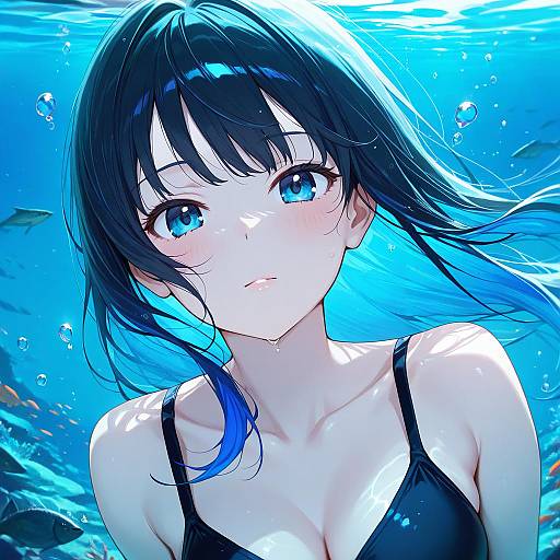 Anime Girl Underwater with Blue Hair