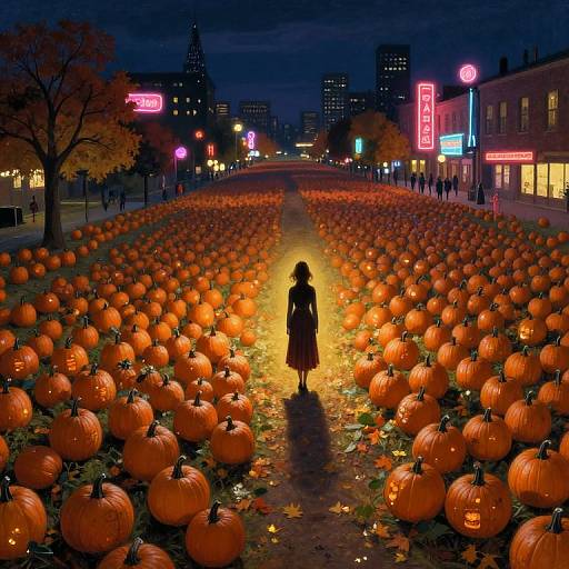 Nighttime photograph of a woman in a dark dress standing in a glowing pumpkin field, surrounded by neon signs and cityscape.