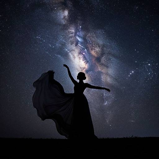 Silhouetted dancer in flowing dress, arms gracefully raised, against a starry night sky and Milky Way galaxy. Photographic image.