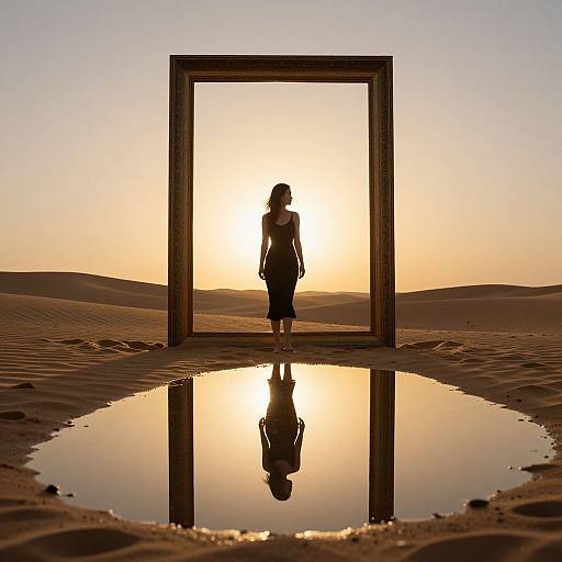 Silhouetted woman standing in large rectangular frame, reflected in a puddle, against a sunset desert landscape. Photographic image.