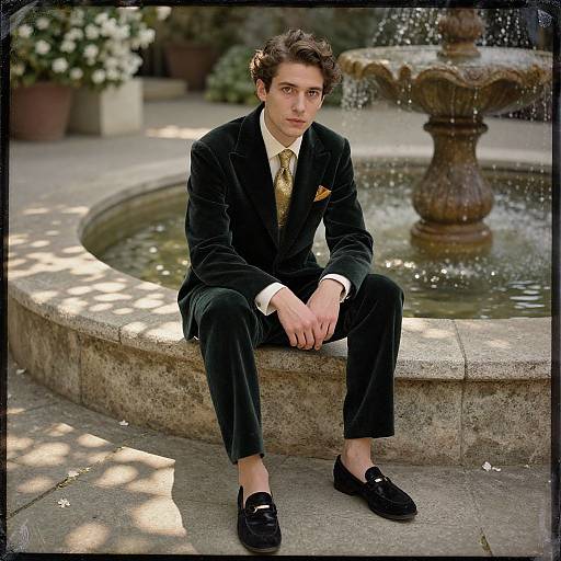 Photograph of a young man with curly brown hair, dressed in a black velvet suit, yellow tie, and black loafers, sitting by a circular