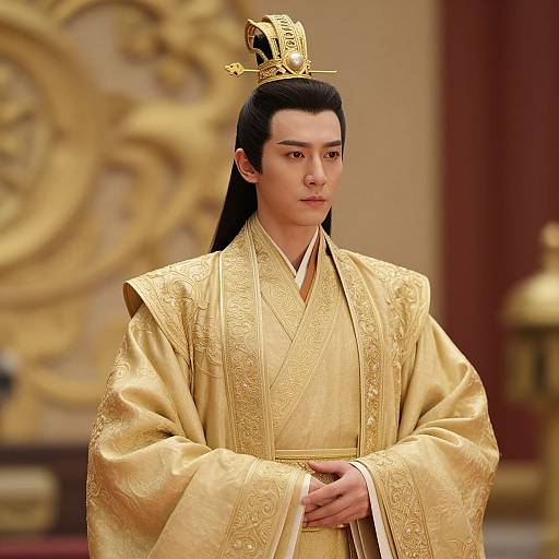 Photograph of a serious Asian man with long black hair, wearing an elaborate gold traditional Chinese robe and ornate headpiece, standing in a luxurious,