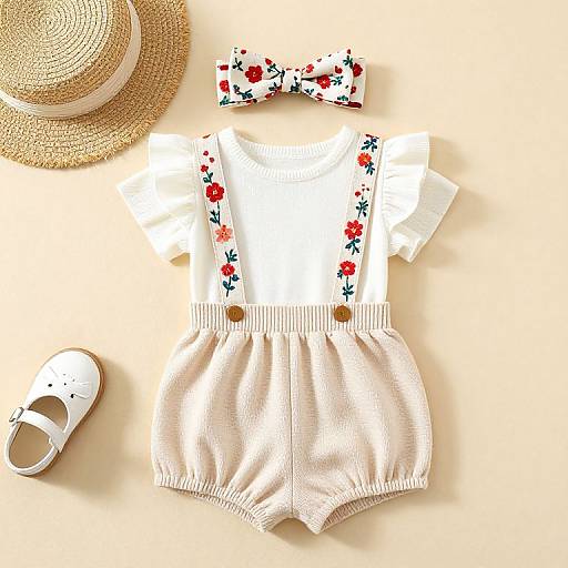 Photograph of baby outfit: white floral bowtie, white shirt with red floral suspenders, white high-waisted shorts, white sandals, straw