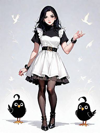 Chic Woman in Black and White Dress with Cartoon Birds