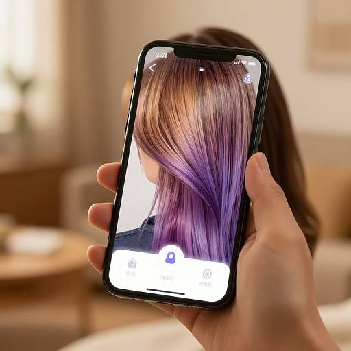 Photograph of a hand holding a black smartphone, displaying a person with purple and blonde hair, blurred living room background.