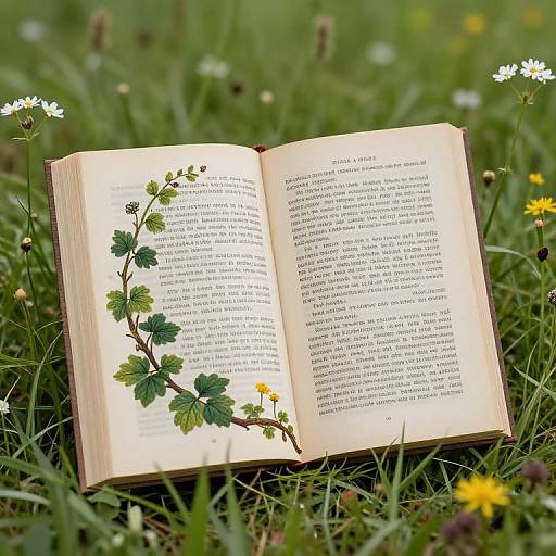 Photograph of an open book with a green leafy branch illustration, resting on green grass with white and yellow wildflowers.