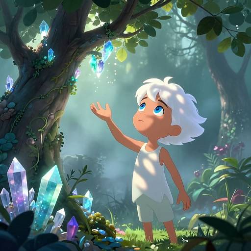Digital artwork of a curious, white-haired child in a white dress reaching for glowing blue crystals in a mystical forest.