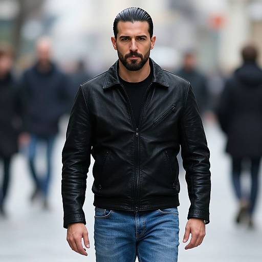 Photograph of a handsome, bearded man with slicked-back hair, wearing a black leather jacket and blue jeans, walking confidently in a blurred,