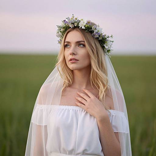 Photograph of a blonde woman with fair skin, wearing a white off-shoulder dress, veil, and floral crown, standing in a green field