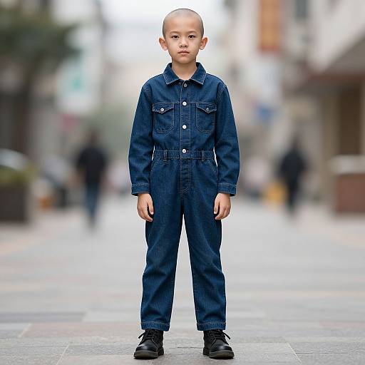 Realistic Bald Boy in Navy Jumpsuit