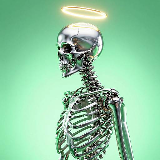 Digital CGI image of a shiny, metallic skeleton with a glowing halo on a green gradient background, depicted in a realistic style.