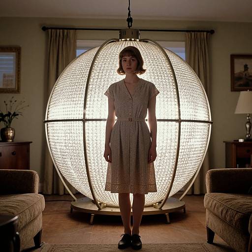 Photograph of a young woman in a beige dress standing in front of a large, illuminated, spherical light fixture in a dimly lit living room.