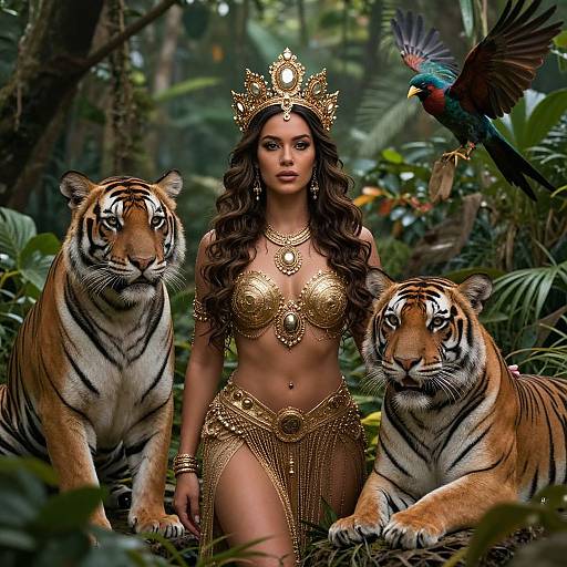 Digital artwork of a regal woman with long brown hair, gold crown, and ornate gold attire, flanked by two tigers, with a
