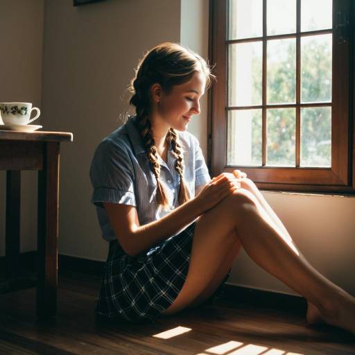 Young Woman Sitting by Window with Sunlight