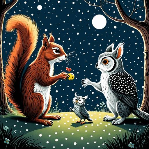 Whimsical Squirrel and Owl in Polka-Dot Night Scene