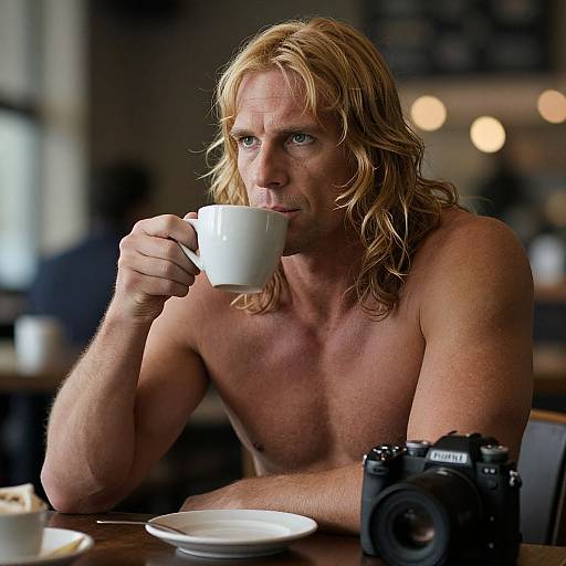 Photograph of a shirtless, muscular man with long blonde hair, blue eyes, holding a white cup, sitting at a table with a camera and