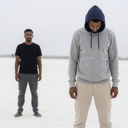 Two Men in Serene White Landscape