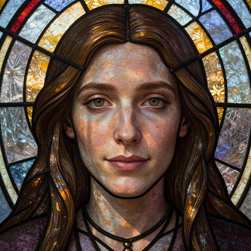 Digital artwork of a serene, fair-skinned woman with brown hair, glowing halo, and green eyes, set in a stained glass window.