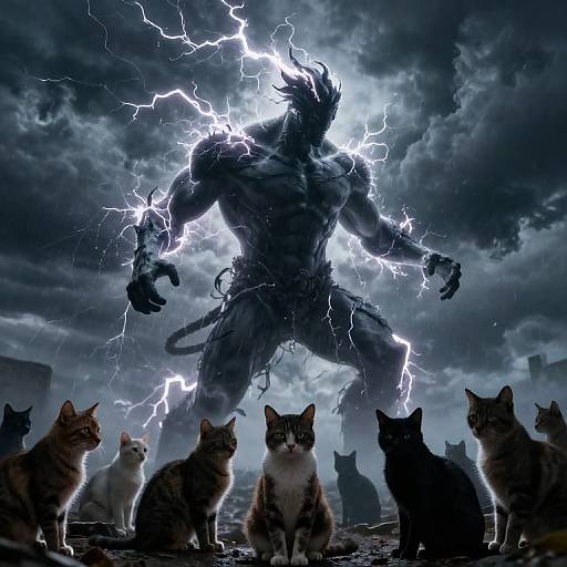 Digital artwork: Muscular, lightning-encircled, shadowy monster with wild hair stands behind silhouetted cats on a stormy,