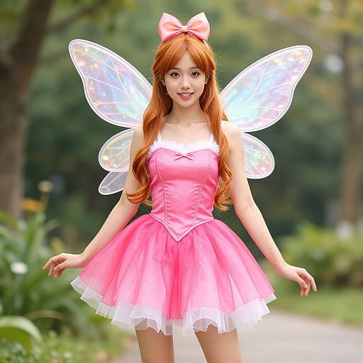 Photograph of an Asian woman with long red hair, fairy wings, pink bow, and pink satin bustier and tutu dress, standing in a