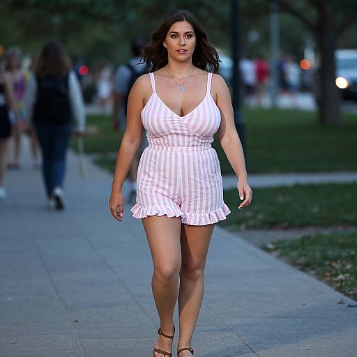 Photograph of a curvy woman with long dark hair, wearing a white and pink checkered romper, walking confidently on a park path at dusk