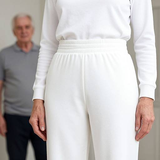 Photograph of an elderly man in a gray polo shirt standing blurred in the background, while a person in white pants and top is sharply focused in the