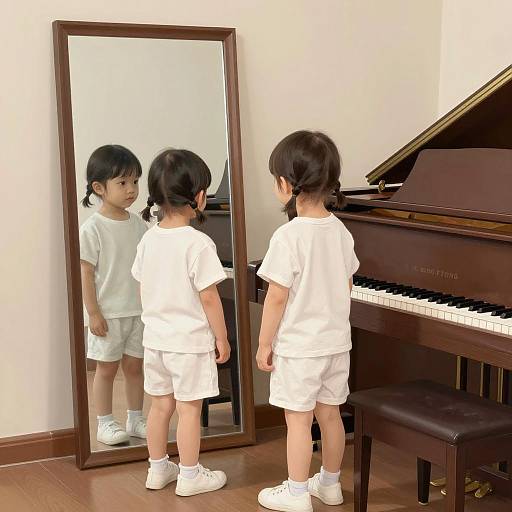 Two Children Standing in Front of Mirror by Grand Piano