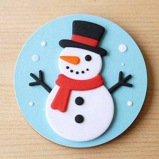 Photograph of a cute, fondant snowman on a light blue, circular plate with a black top hat, red scarf, and wooden background.