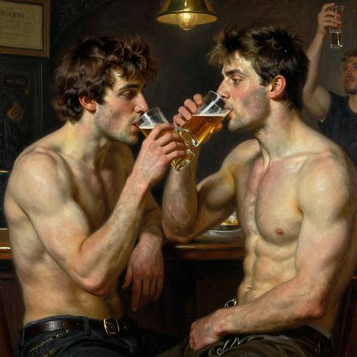 Photorealistic digital painting of two shirtless, muscular men with dark hair drinking amber beer in a dimly lit bar, under a hanging lamp.