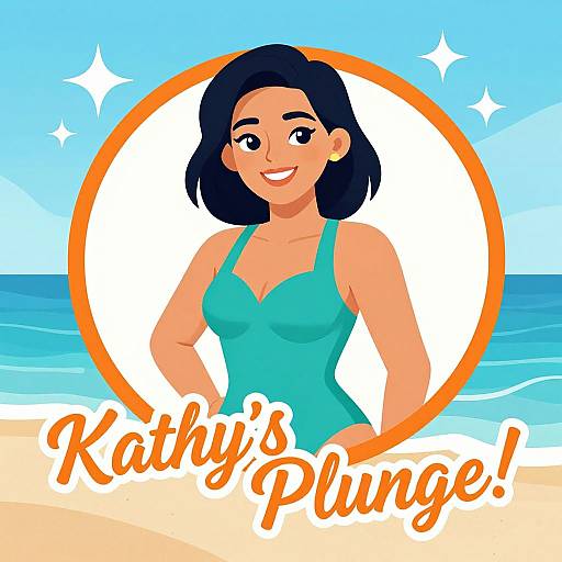 Digital illustration of a smiling woman with dark hair, wearing a teal swimsuit, standing on a beach with blue ocean and sky. Text reads 
