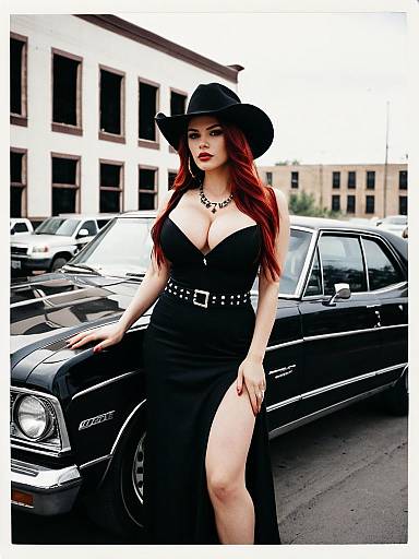 Woman in Black Dress and Cowboy Hat with Classic Car