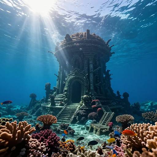 Photograph of an underwater ancient stone temple, surrounded by vibrant coral reefs and colorful fish, bathed in sunlight beams.