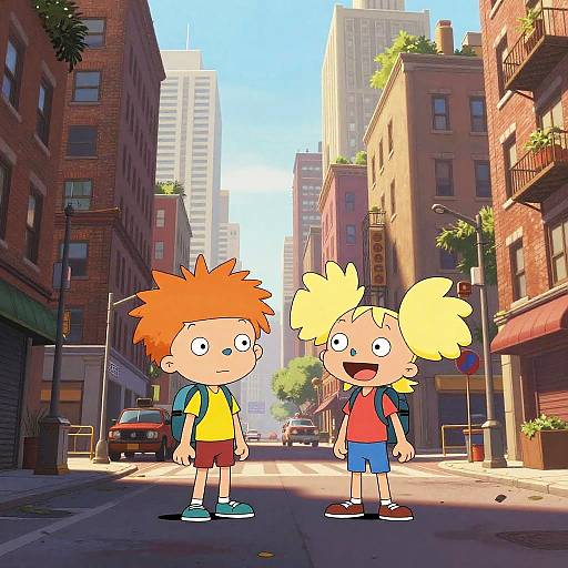 Cartoon drawing of two excited children with spiky hair, standing on a sunlit urban street with tall brick buildings.