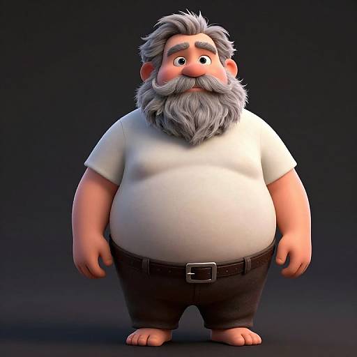 CGI cartoon of a chubby, middle-aged man with a gray beard, white shirt, black pants, and a belt, standing against a dark gradient
