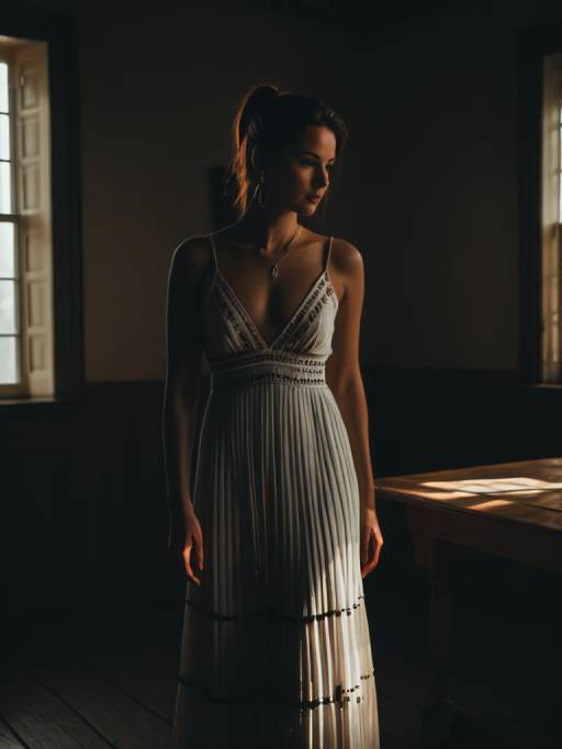 Woman in Bohemian White Dress by Window Light