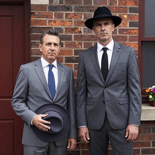 Stylish Men in Suits Against Brick Wall