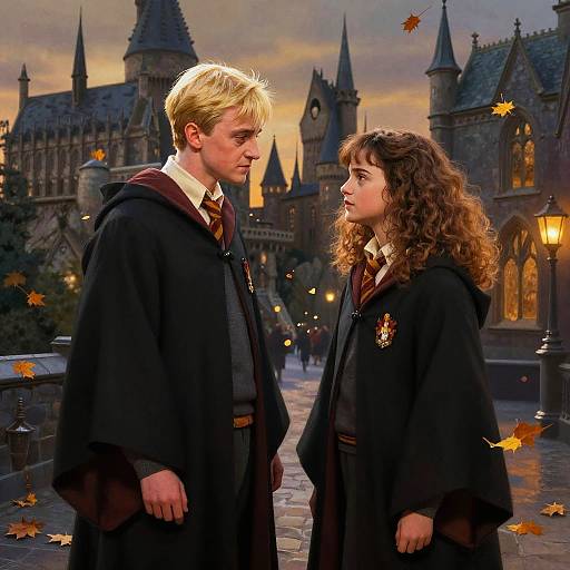 Photograph-style CGI of Harry Potter and Hermione Granger in Hogwarts robes, standing on a cobblestone path with autumn leaves, facing each other under