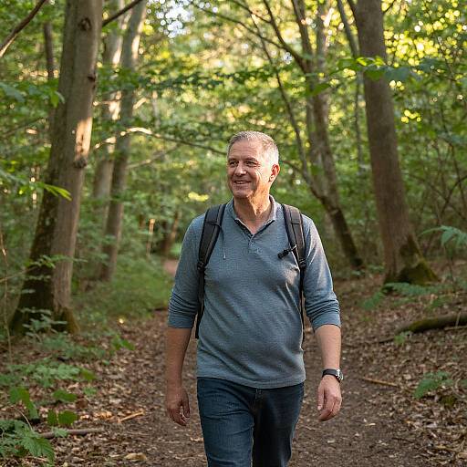 Photograph of a middle-aged man with short gray hair, wearing a gray polo shirt, jeans, and backpack, smiling while walking on a forest trail