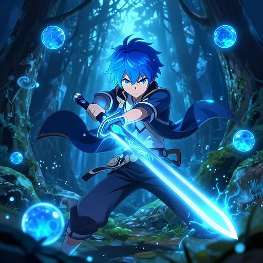 Anime-style digital artwork of a blue-haired boy with glowing blue eyes, wielding a bright blue sword in a mystical forest, surrounded by floating blue orbs.