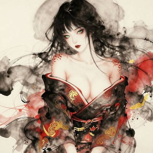 Digital painting of a seductive Asian woman with long black hair, green eyes, and fair skin, wearing a black kimono with red and gold patterns